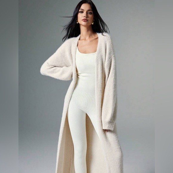 Beige Extra long Maxi Cardigan With Open Front - Picture 3 of 6